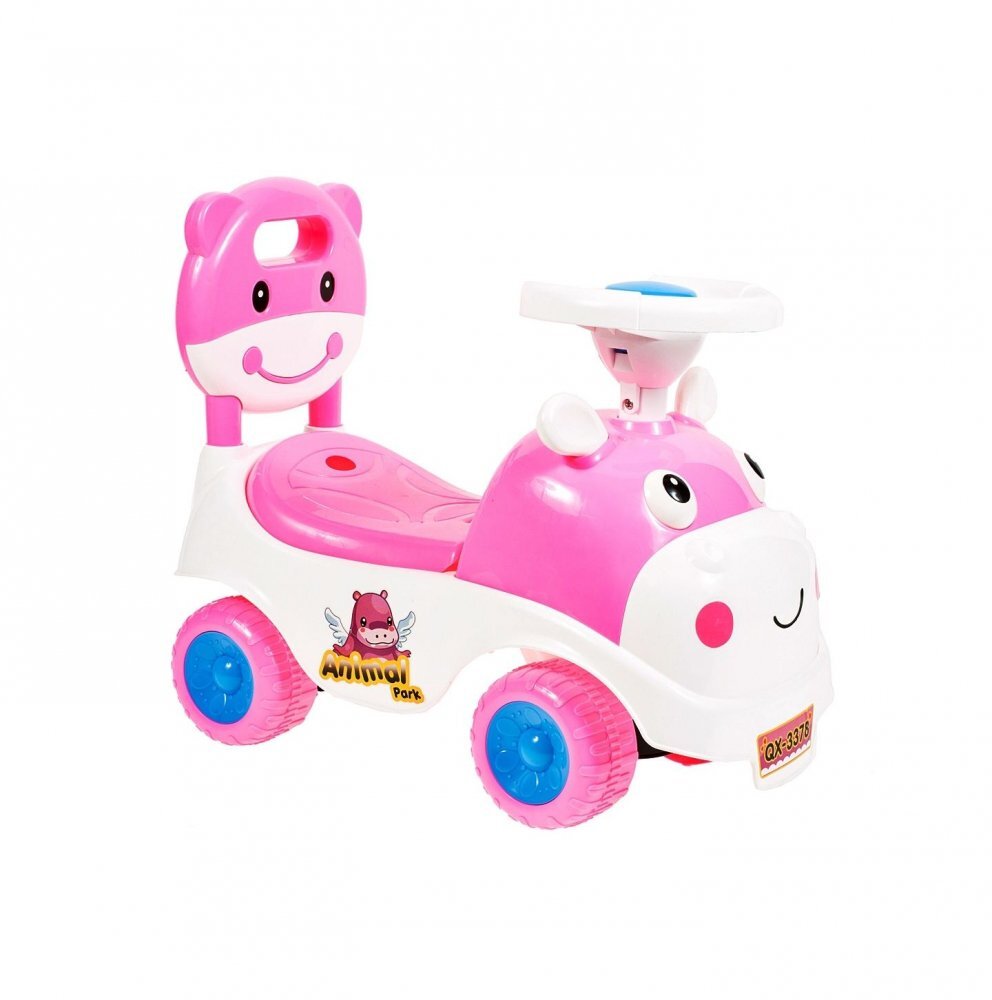 MalPlay Ride-On copii fara pedale Hipcio Walker Pink cu spatar inalt compartiment de depozitare pozitionat sub scaun claxon recomandata copiilor de la 2 ani