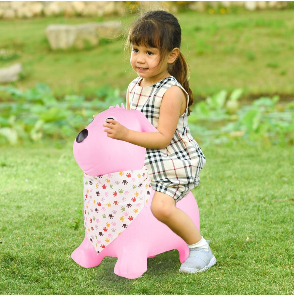 MalPlay Saritor gonflabil pentru copii Pink Dog din cauciuc rezistent cu Pompa si Esarfa colorata detasabila 52 x 46 x 24 cm