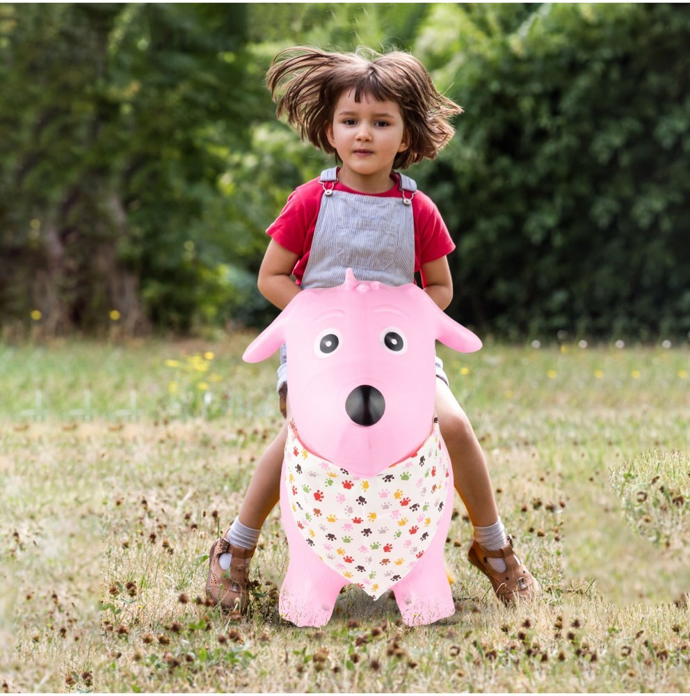 MalPlay Saritor gonflabil pentru copii Pink Dog din cauciuc rezistent cu Pompa si Esarfa colorata detasabila 52 x 46 x 24 cm