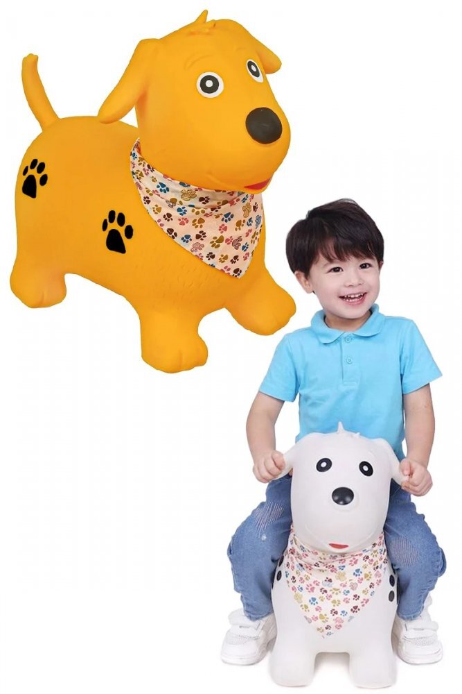 MalPlay Saritor gonflabil pentru copii Yellow Dog din cauciuc rezistent cu Pompa si Esarfa colorata detasabila 52 x 46 x 24 cm