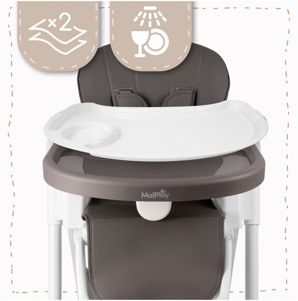 MalPlay Scaun de masa 2 in 1 pentru bebelusi si copii Deli grey model pliabil tavita dubla detasabila echipat cu 2 roti