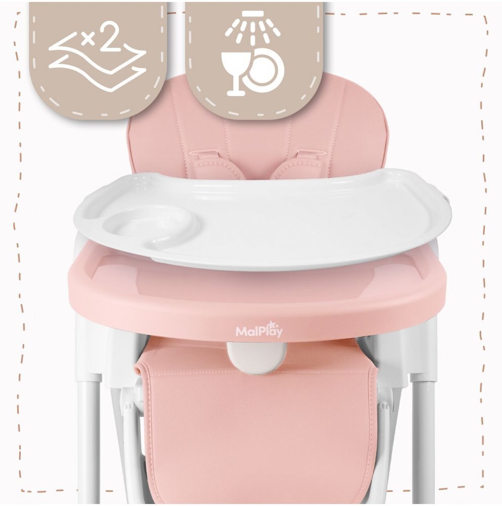 MalPlay Scaun de masa pentru bebelusi Deli pink pliabil cu spatar si inaltime reglabile prevazut cu roti si tavita dubla detasabila si reglabila