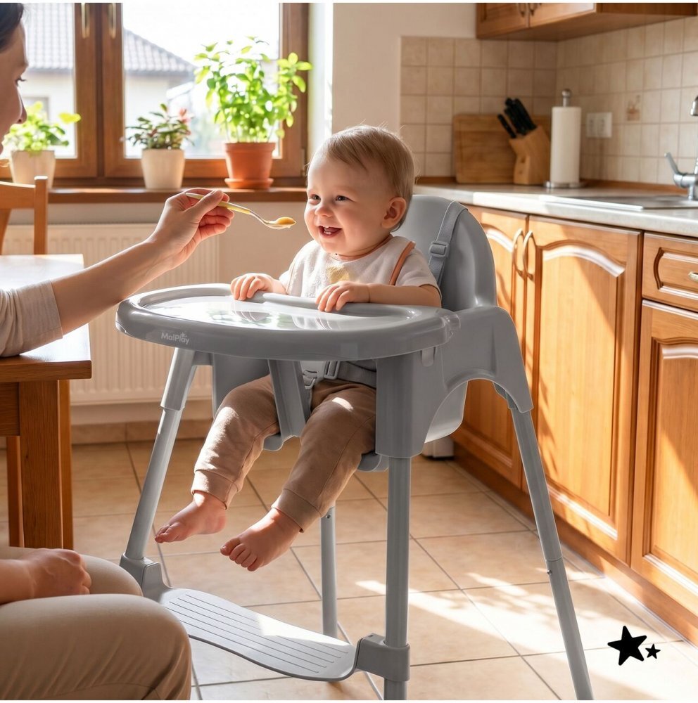 MalPlay Scaun de masa pentru bebelusi Keri Grey 2 in 1 prevazut cu tavita dubla detasabila centuri de siguranta suport reglabil pentru picioare