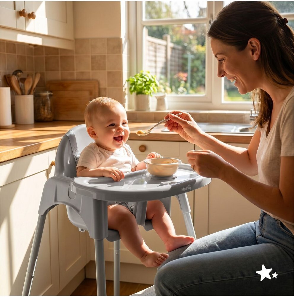 MalPlay Scaun de masa pentru bebelusi Keri Grey 2 in 1 prevazut cu tavita dubla detasabila centuri de siguranta suport reglabil pentru picioare