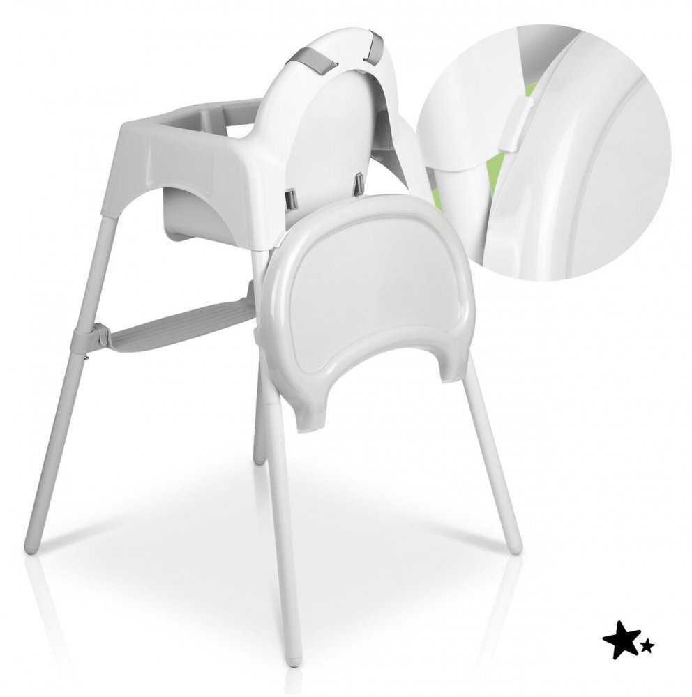 MalPlay Scaun de masa pentru bebelusi Keri White2 in 1 prevazut cu tavita dubla detasabila centuri de siguranta suport reglabil pentru picioare