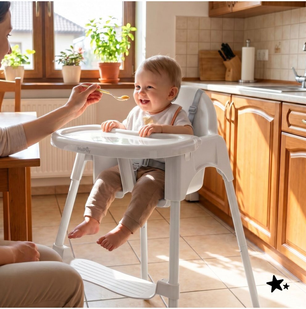 MalPlay Scaun de masa pentru bebelusi Keri White2 in 1 prevazut cu tavita dubla detasabila centuri de siguranta suport reglabil pentru picioare
