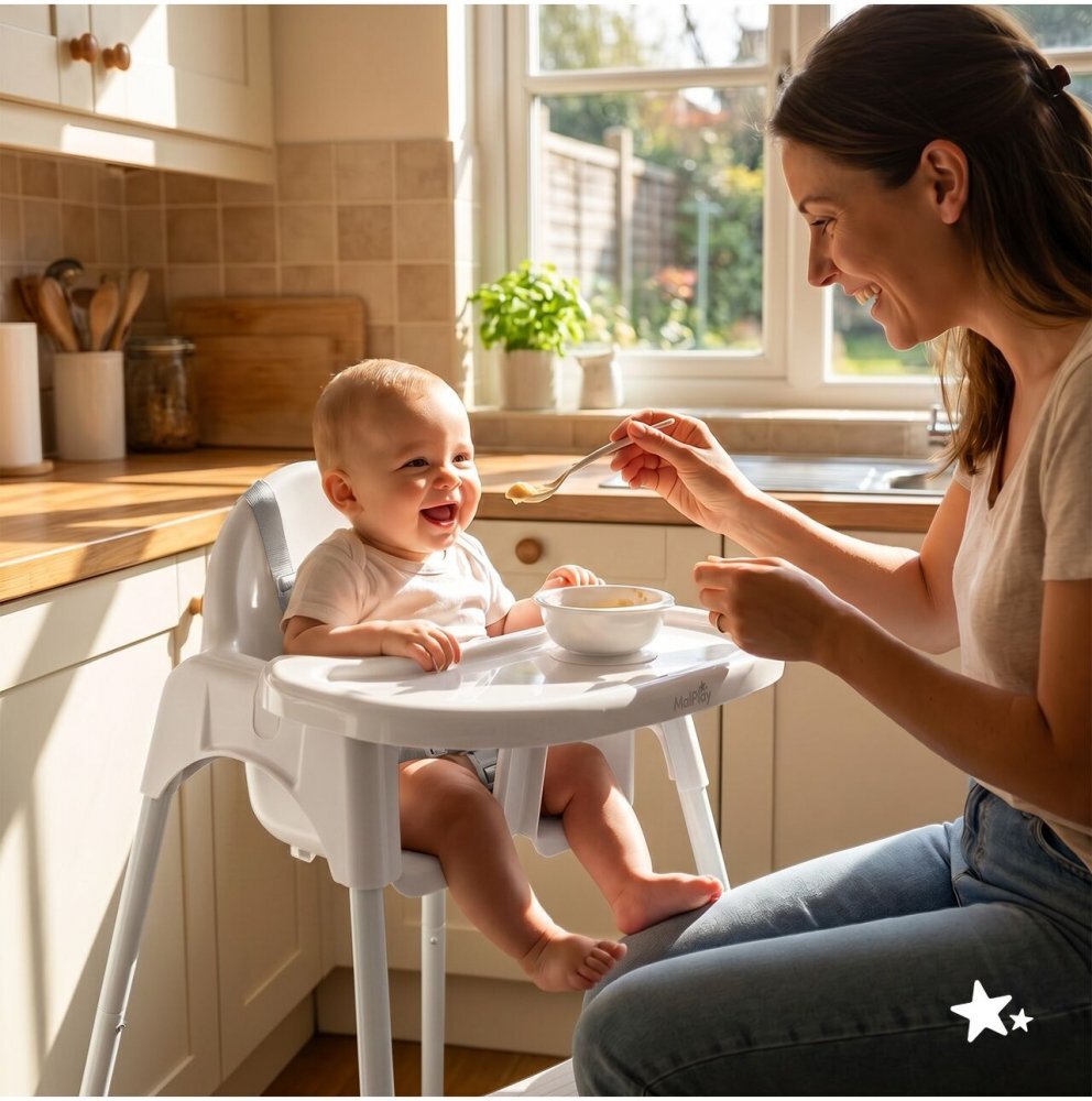 MalPlay Scaun de masa pentru bebelusi Keri White2 in 1 prevazut cu tavita dubla detasabila centuri de siguranta suport reglabil pentru picioare