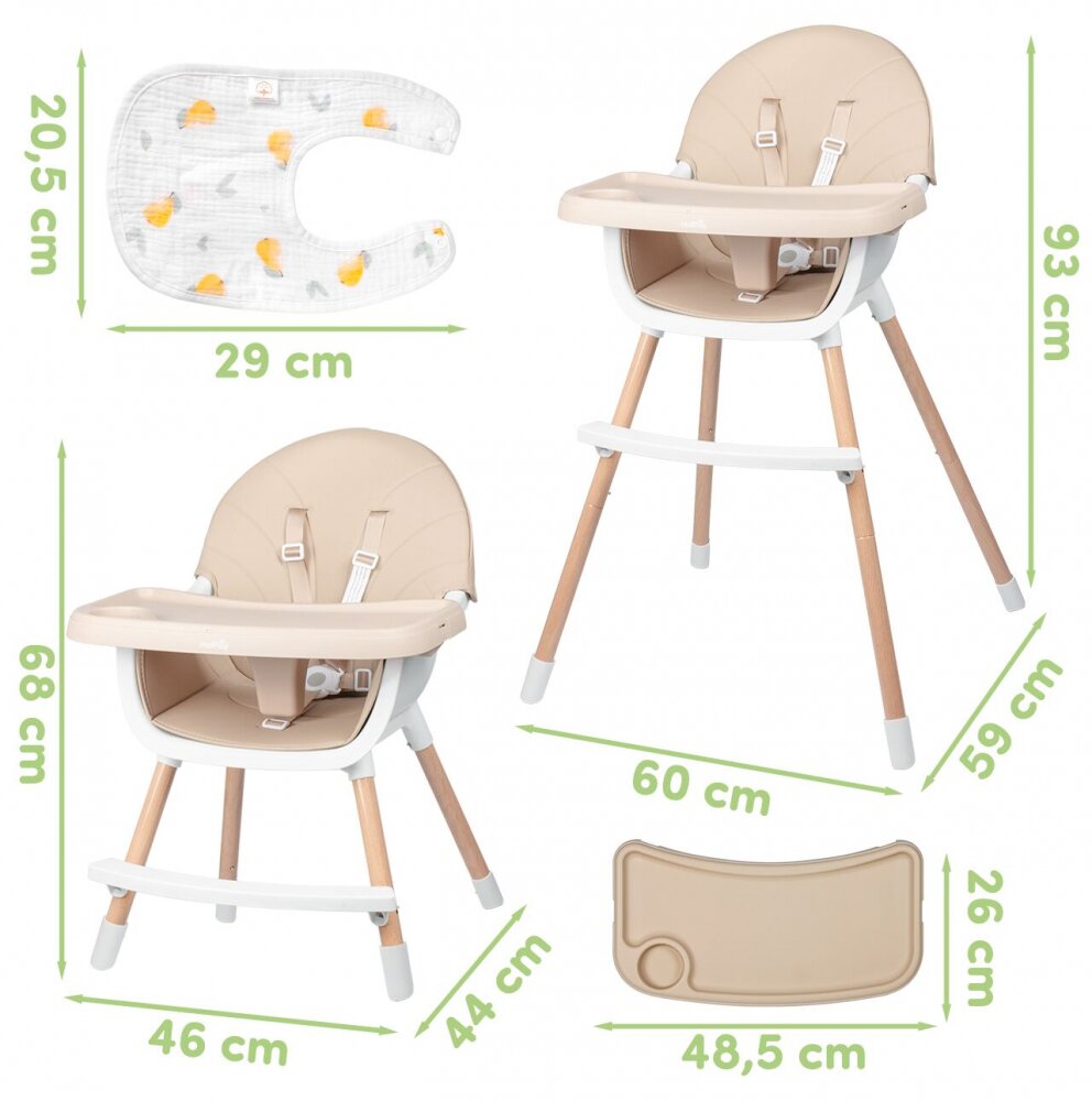 MalPlay Scaun de masa pentru bebelusi si copii beige cu tavita dubla reglabila husa din PU moale 60 x 60 x 94 cm