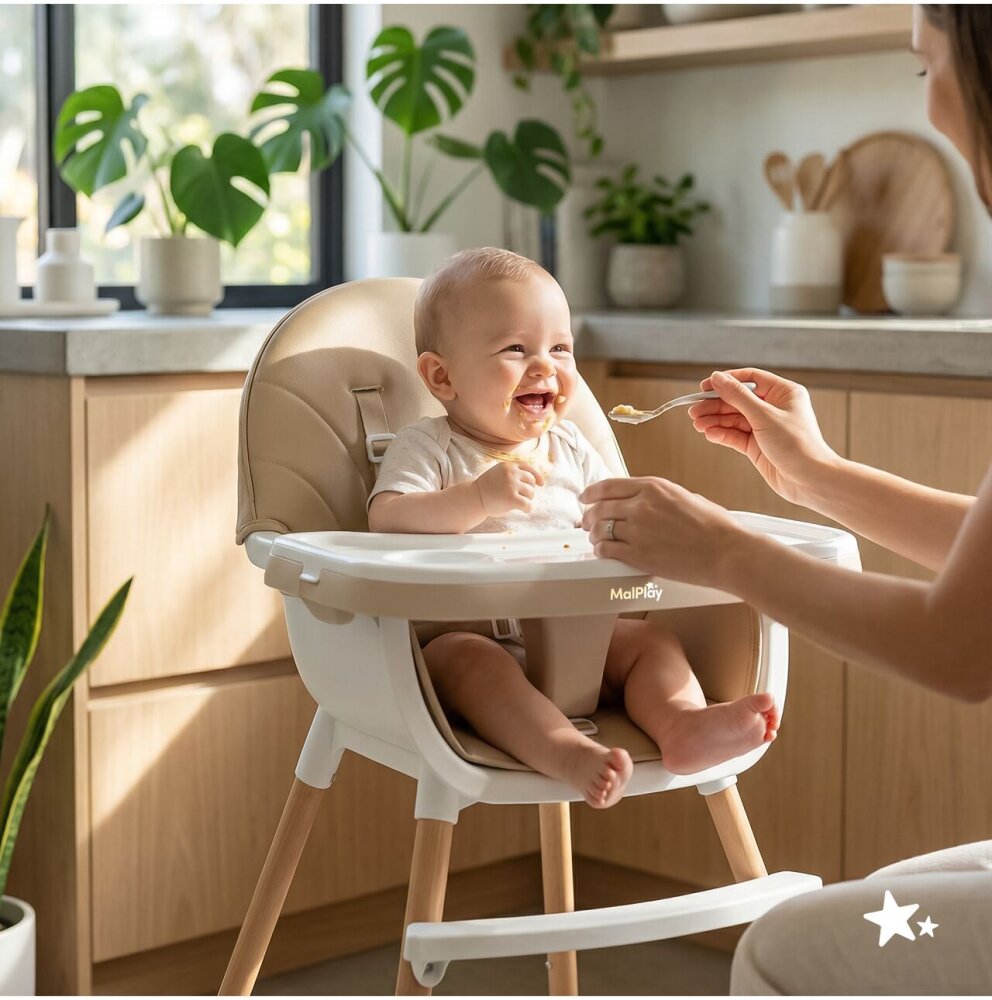MalPlay Scaun de masa pentru bebelusi si copii beige cu tavita dubla reglabila husa din PU moale 60 x 60 x 94 cm
