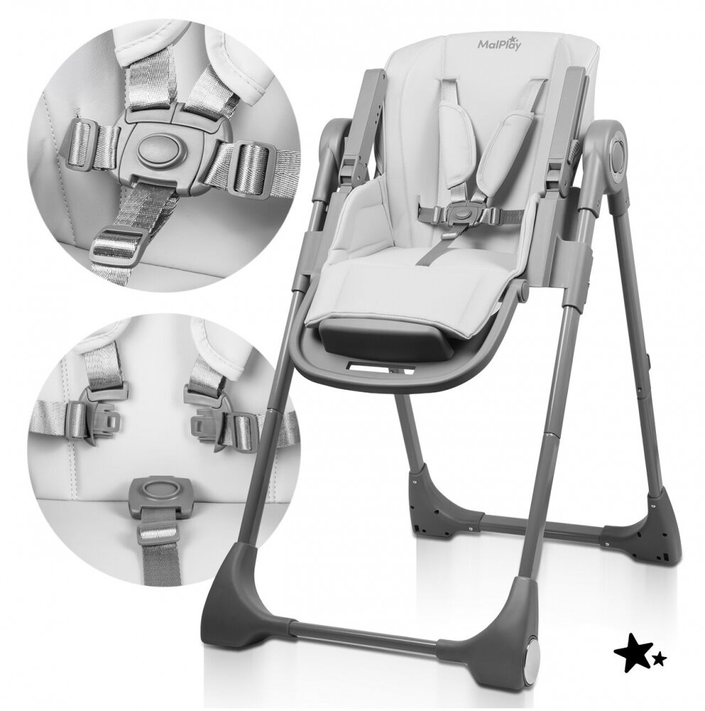 MalPlay Scaun de masa pentru bebelusi si copii Savro Grey pliabil reglabil in 6 trepte pana la 20 kg design scandinav