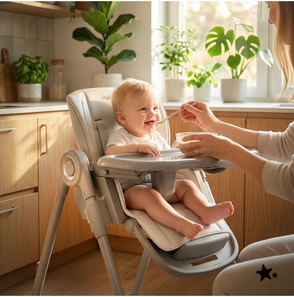 MalPlay Scaun de masa pentru bebelusi si copii Savro Grey pliabil reglabil in 6 trepte pana la 20 kg design scandinav