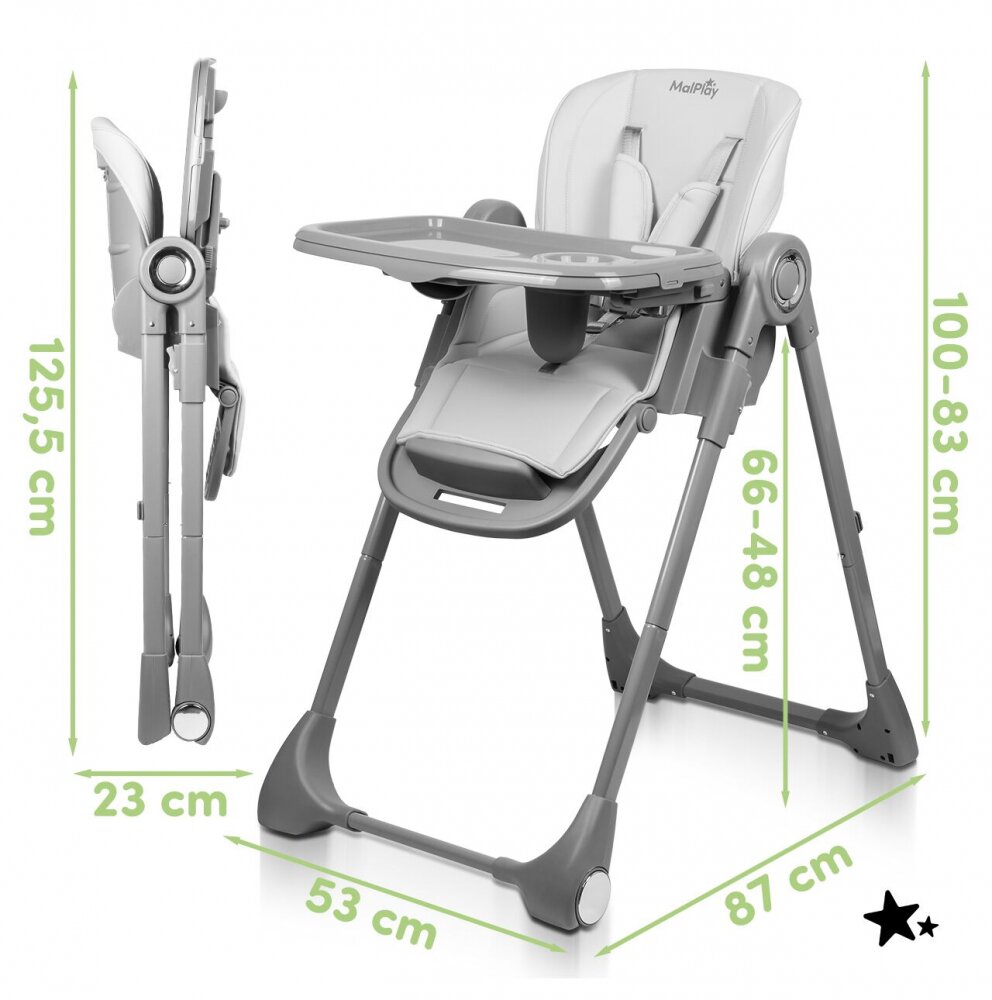 MalPlay Scaun de masa pentru bebelusi si copii Savro Grey pliabil reglabil in 6 trepte pana la 20 kg design scandinav