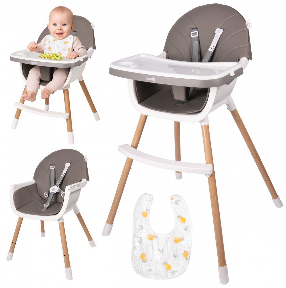 MalPlay Scaun de masa pentru copii Grey reglabil multifunctional 3 in 1 cu centuri de siguranta tavita detasabila si reglabila