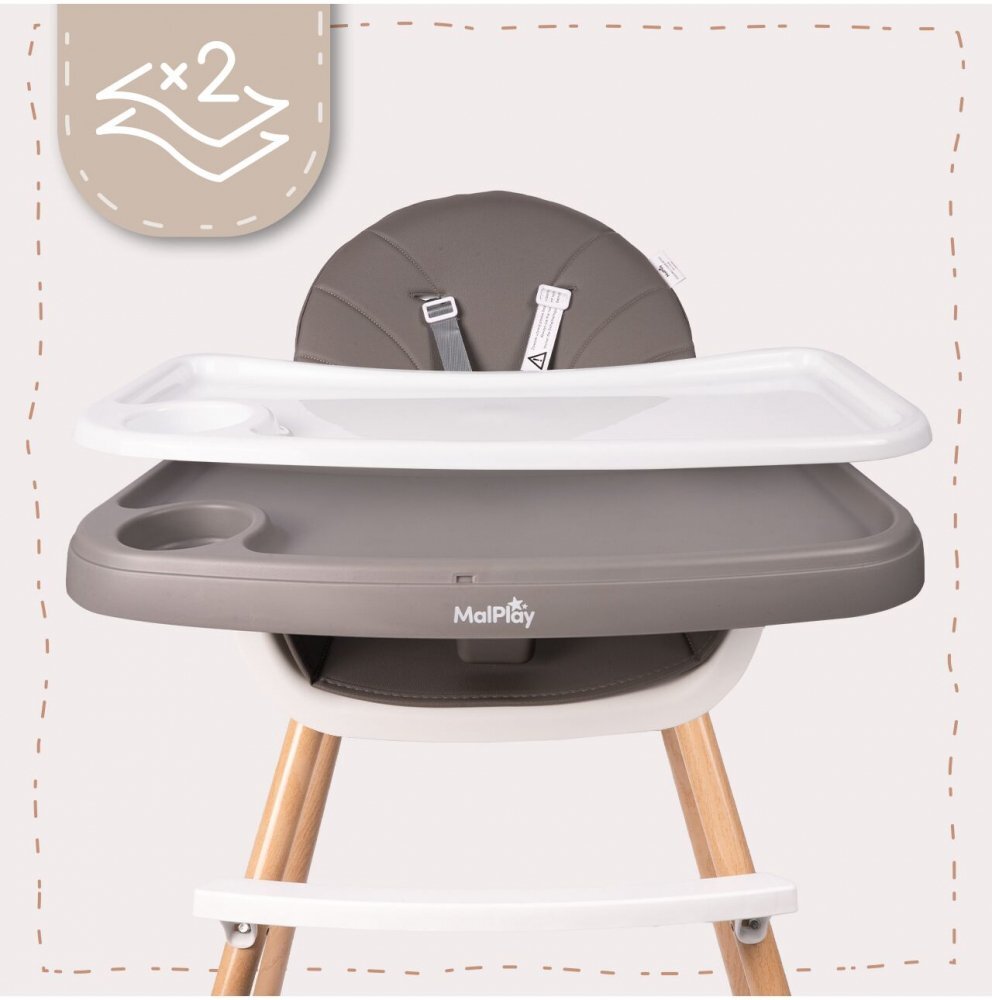 MalPlay Scaun de masa pentru copii Grey reglabil multifunctional 3 in 1 cu centuri de siguranta tavita detasabila si reglabila