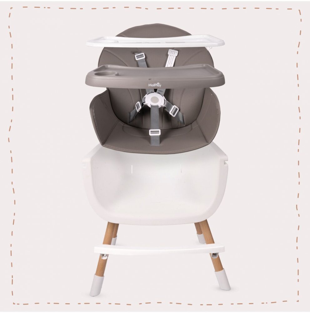 MalPlay Scaun de masa pentru copii Grey reglabil multifunctional 3 in 1 cu centuri de siguranta tavita detasabila si reglabila