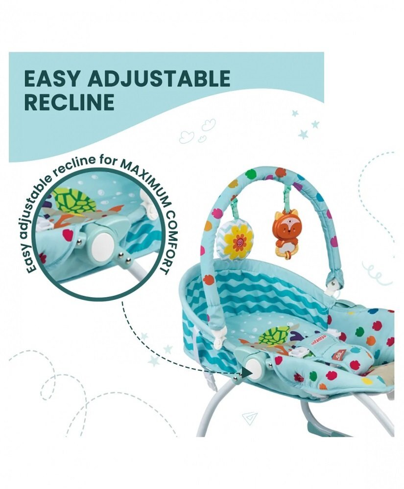 MalPlay Scaunel balansoar multifunctional pentru bebelusi cu bara de jucarii detasabila ham de siguranta in 3 puncte spatar reglabil in 2 pozitii si functie de vibratii 50 x 30 x 8 cm Marine Life