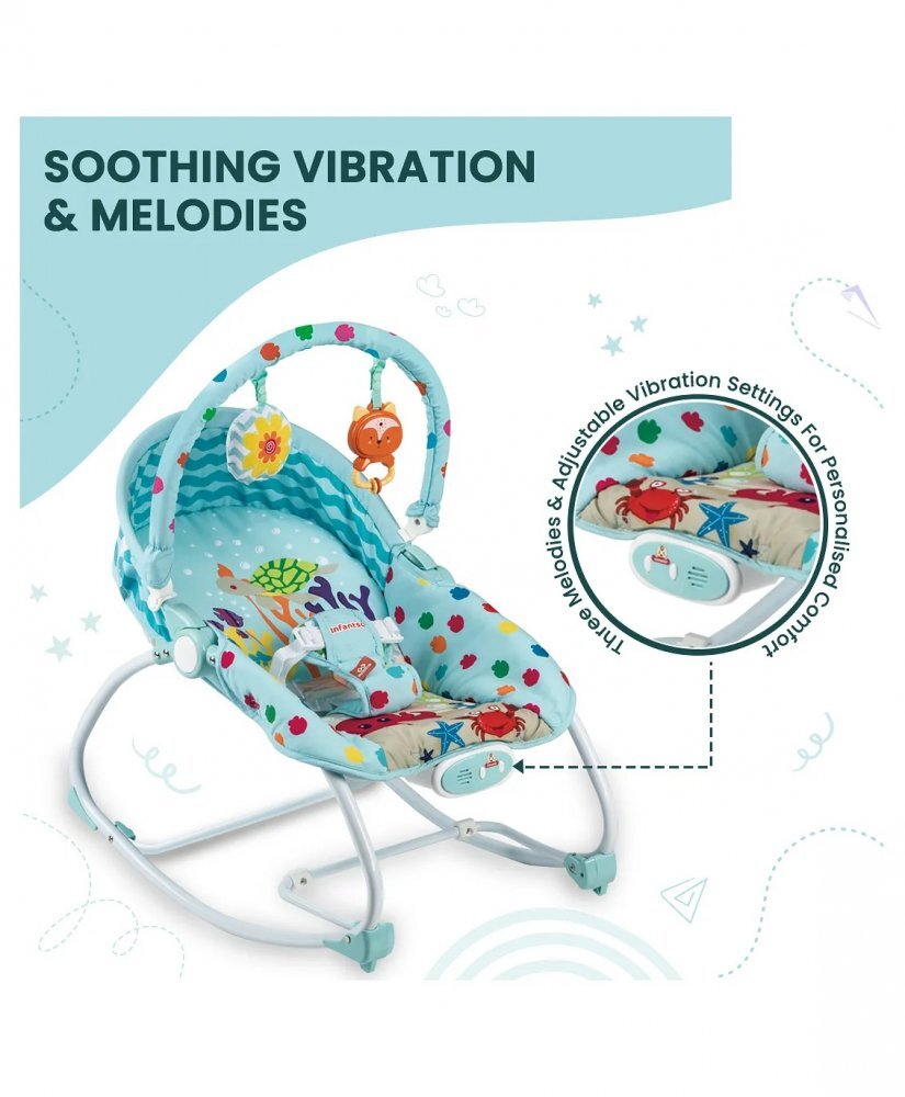 MalPlay Scaunel balansoar multifunctional pentru bebelusi cu bara de jucarii detasabila ham de siguranta in 3 puncte spatar reglabil in 2 pozitii si functie de vibratii 50 x 30 x 8 cm Marine Life