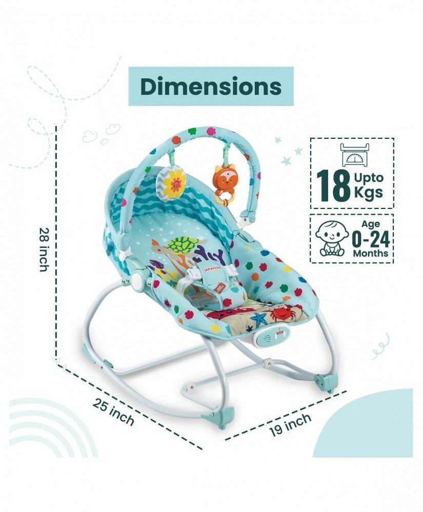 MalPlay Scaunel balansoar multifunctional pentru bebelusi cu bara de jucarii detasabila ham de siguranta in 3 puncte spatar reglabil in 2 pozitii si functie de vibratii 50 x 30 x 8 cm Marine Life