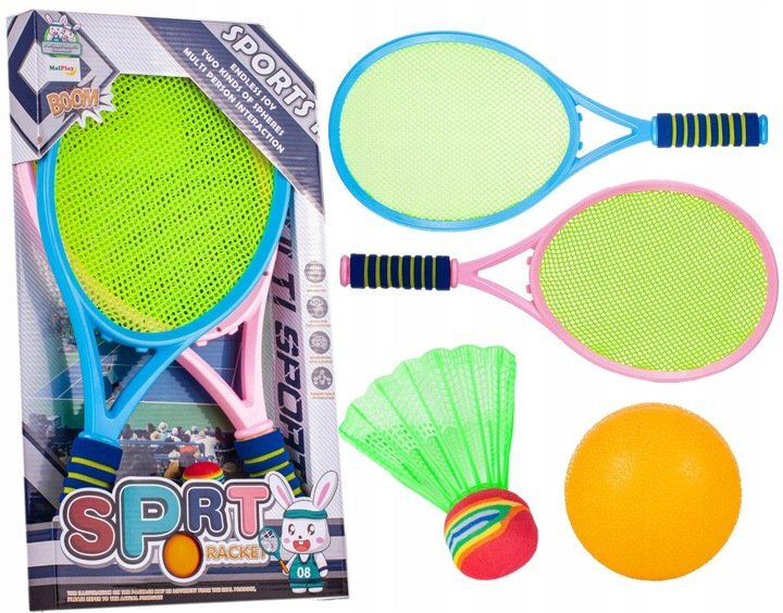 MalPlay Set de tenis si badminton pentru copii cu 2 palete 22 x 48cm minge si fluturas