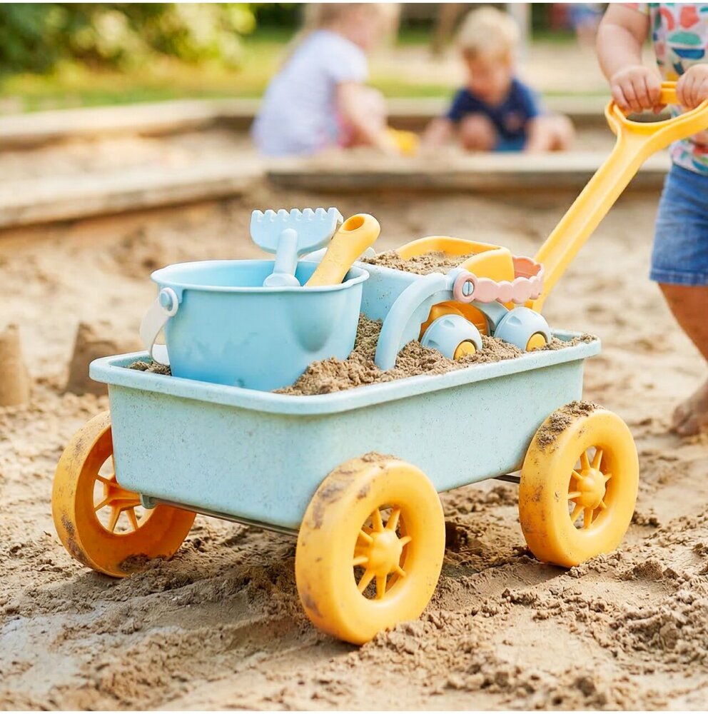 MalPlay Set jucarii pentru nisip Blue include carucior cu roti galetusa si masinuta basculanta