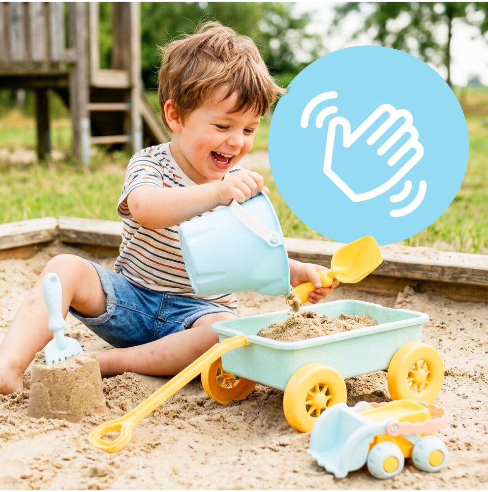 MalPlay Set jucarii pentru nisip Blue include carucior cu roti galetusa si masinuta basculanta