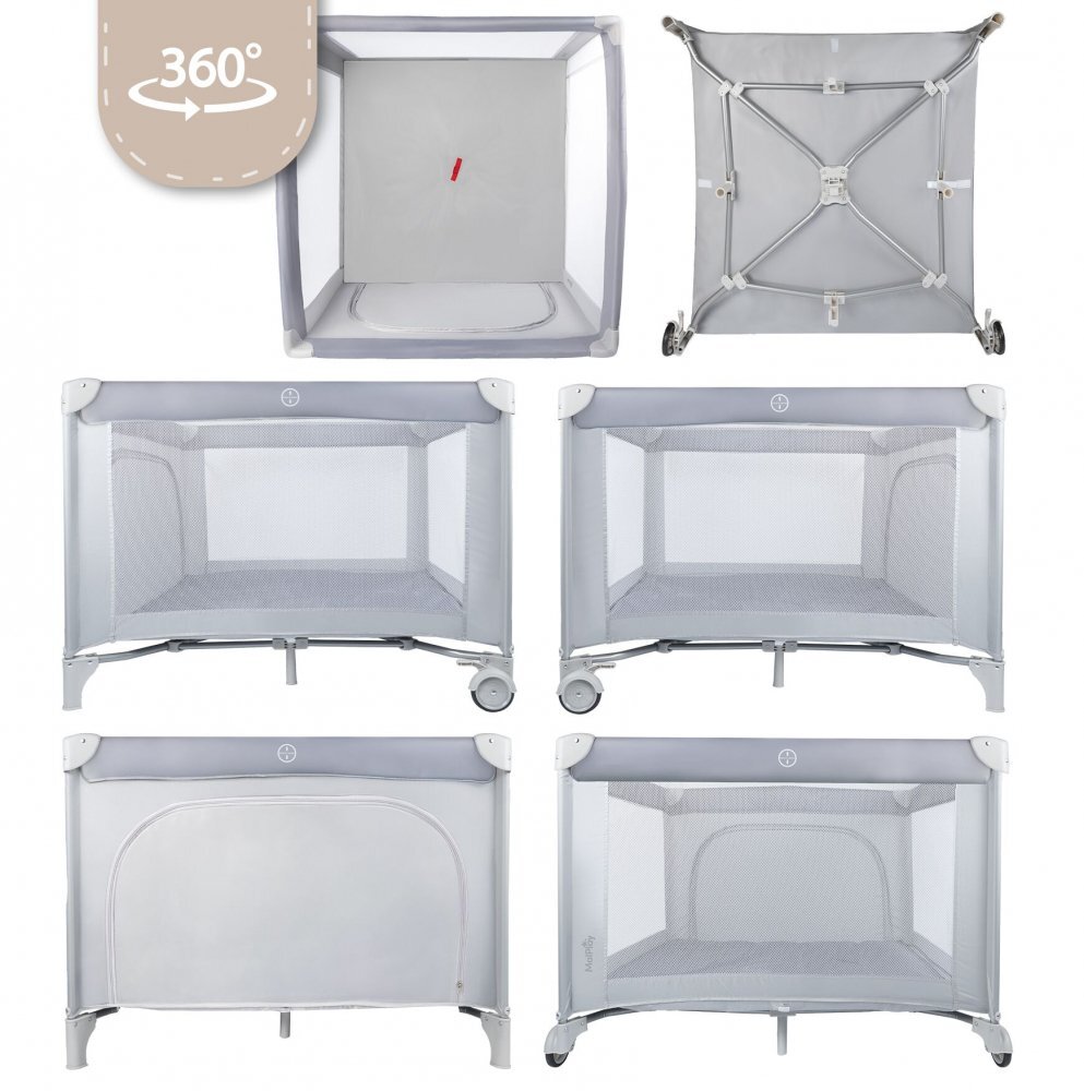 MalPlay Tarc de calatorie pentru copii 2 in 1 intrare cu fermoar roti cu frana cu 3 pereti din plasa pliabil cu saltea si geanta de transport incluse dimensiune 100 x 100 cm grey