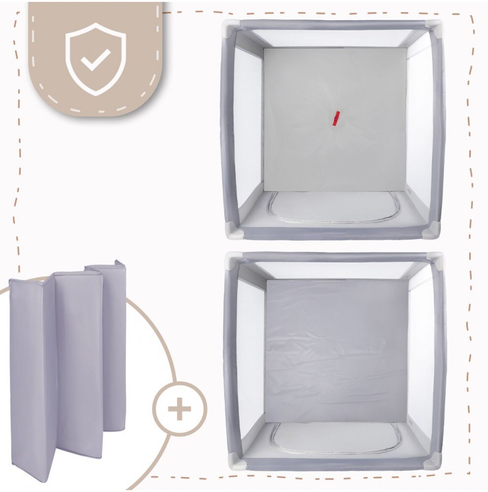 MalPlay Tarc de calatorie pentru copii 2 in 1 intrare cu fermoar roti cu frana cu 3 pereti din plasa pliabil cu saltea si geanta de transport incluse dimensiune 100 x 100 cm grey