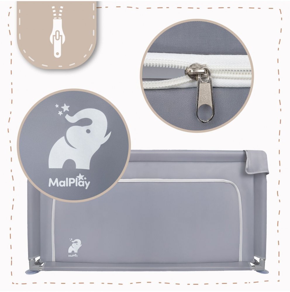 MalPlay Tarc de joaca pentru copii Kivo Grey design modern si sigur acces mare cu fermoar actionat din exterior dimensiune 120 x 120 cm cu buzunar din plasa