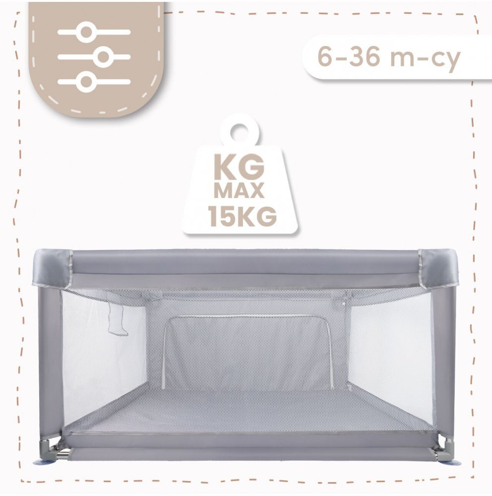 MalPlay Tarc de joaca pentru copii Kivo Grey design modern si sigur acces mare cu fermoar actionat din exterior dimensiune 120 x 120 cm cu buzunar din plasa