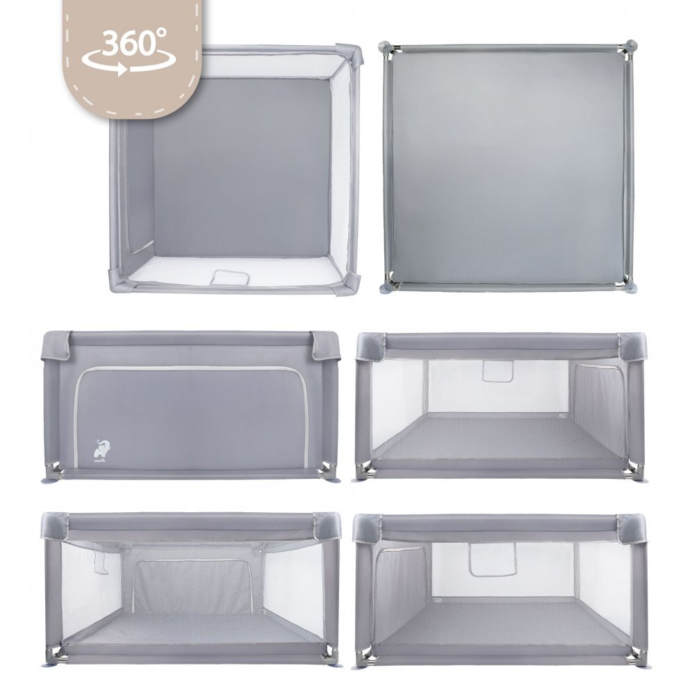 MalPlay Tarc de joaca pentru copii Kivo Grey design modern si sigur acces mare cu fermoar actionat din exterior dimensiune 120 x 120 cm cu buzunar din plasa