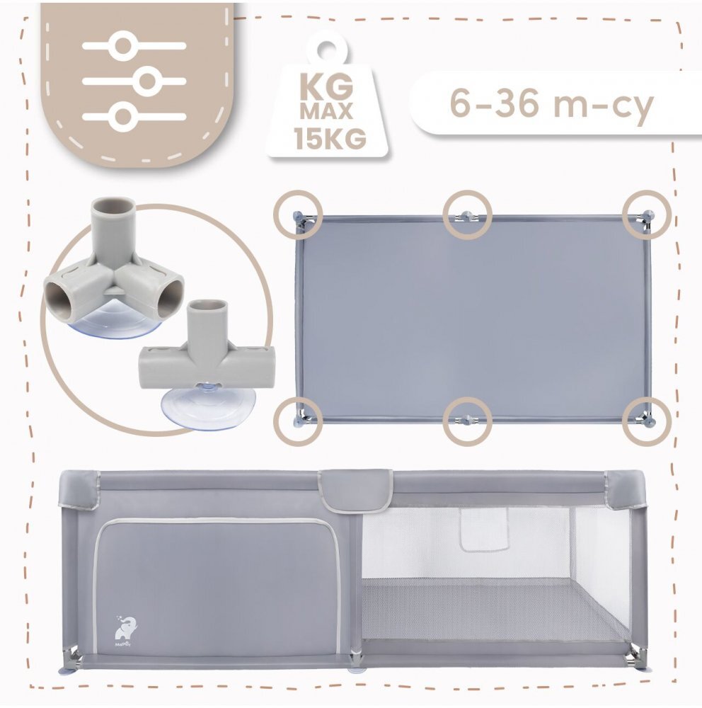 MalPlay Tarc de joaca pentru copii Kivo Grey design modern si sigur acces mare cu fermoar actionat din exterior dimensiune 120 x 180 cm cu buzunar din plasa