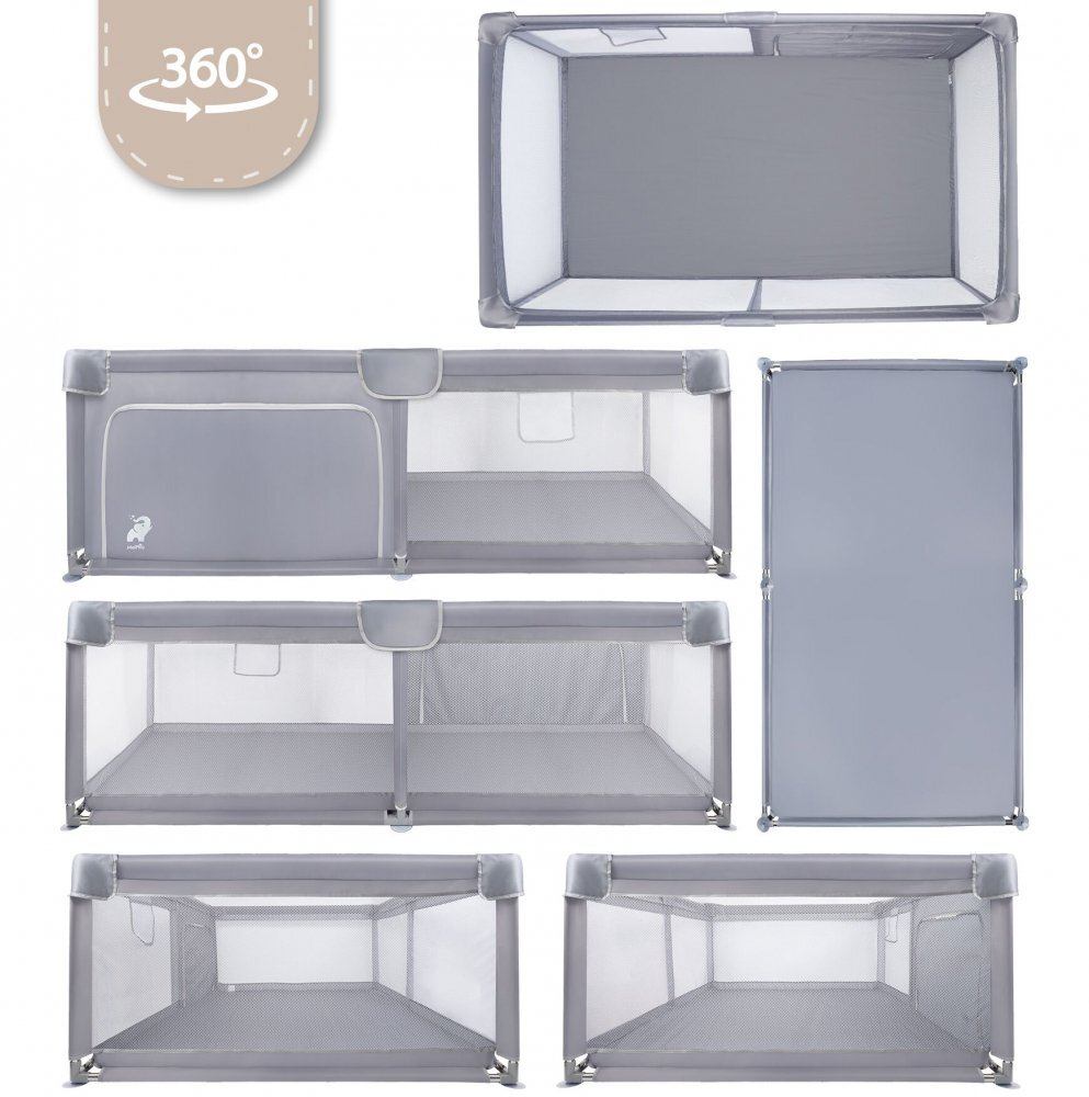 MalPlay Tarc de joaca pentru copii Kivo Grey design modern si sigur acces mare cu fermoar actionat din exterior dimensiune 120 x 180 cm cu buzunar din plasa