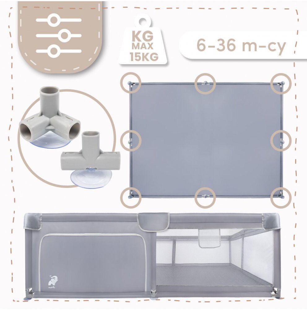 MalPlay Tarc de joaca pentru copii Kivo Grey design modern si sigur acces mare cu fermoar actionat din exterior dimensiune 180 x 200 cm cu buzunar din plasa
