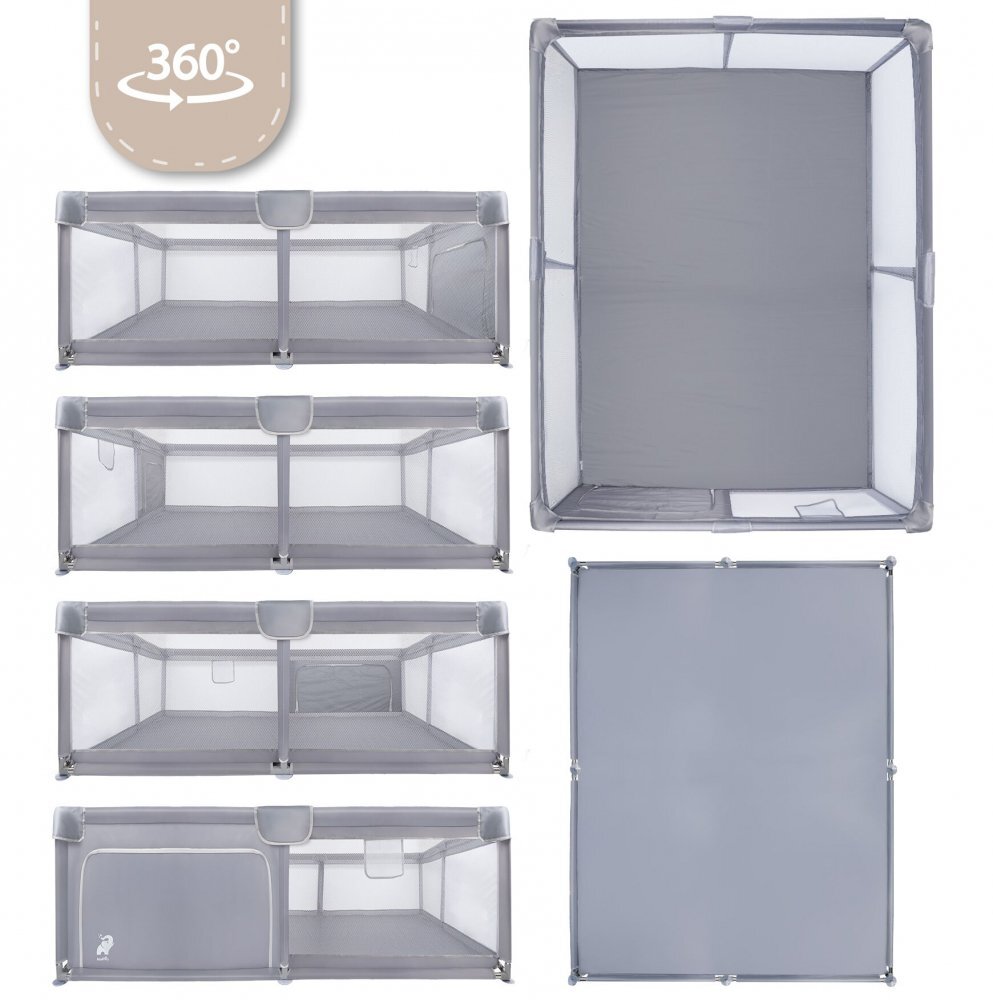 MalPlay Tarc de joaca pentru copii Kivo Grey design modern si sigur acces mare cu fermoar actionat din exterior dimensiune 180 x 200 cm cu buzunar din plasa