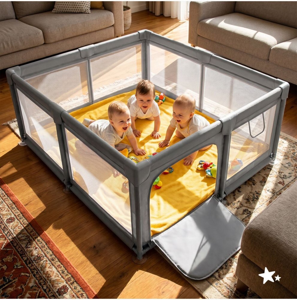 MalPlay Tarc de joaca pentru copii Kivo Grey design modern si sigur usa acces mare cu fermoar actionat din exterior dimensiune 150 x 180 cm cu buzunar din plasa