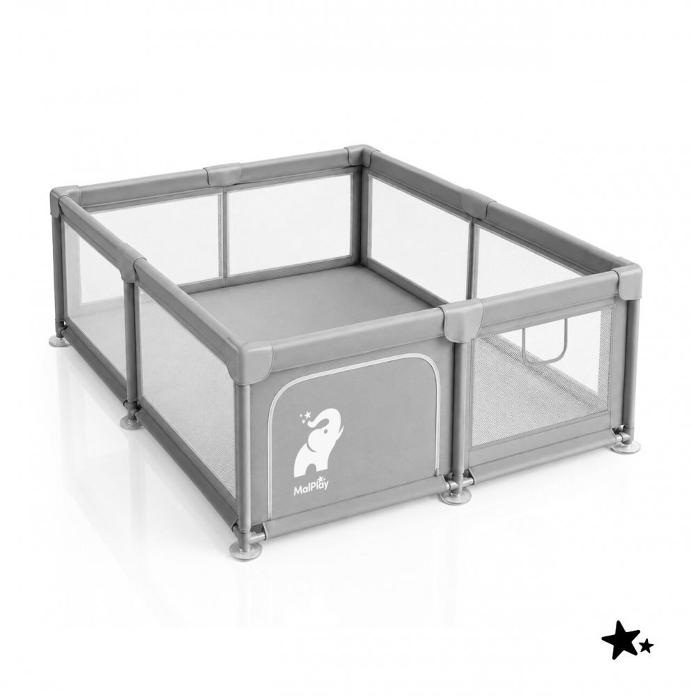 MalPlay Tarc de joaca pentru copii Kivo Grey design modern si sigur usa acces mare cu fermoar actionat din exterior dimensiune 150 x 180 cm cu buzunar din plasa