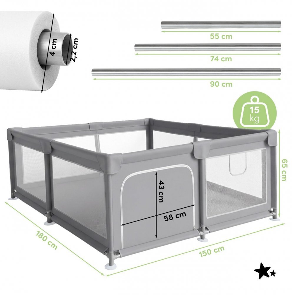 MalPlay Tarc de joaca pentru copii Kivo Grey design modern si sigur usa acces mare cu fermoar actionat din exterior dimensiune 150 x 180 cm cu buzunar din plasa