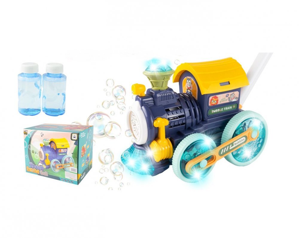 MalPlay Trenulet generator de Baloane din sapun cu baterii sunete lumini maner de impins si 2 sticlute cu lichid dimensiune 52 x 47 x 18 cm Blue