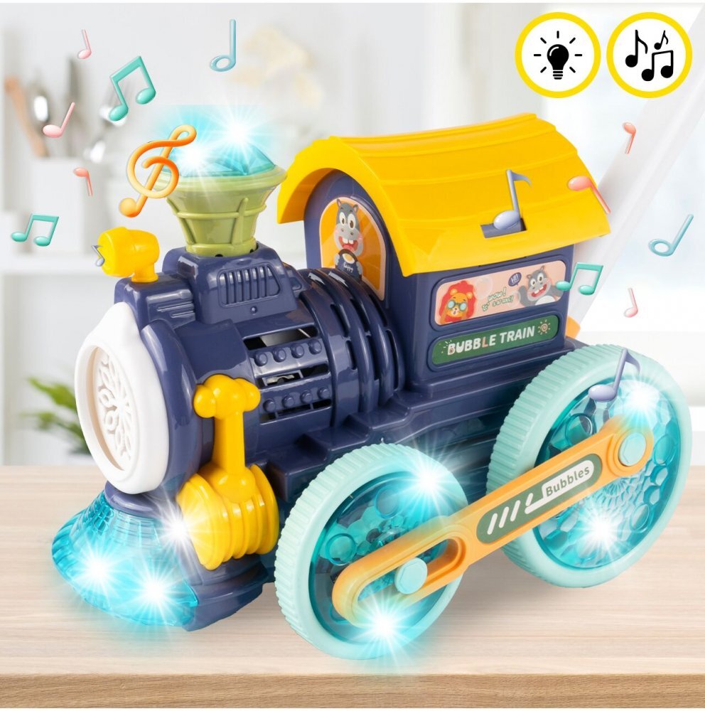 MalPlay Trenulet generator de Baloane din sapun cu baterii sunete lumini maner de impins si 2 sticlute cu lichid dimensiune 52 x 47 x 18 cm Blue