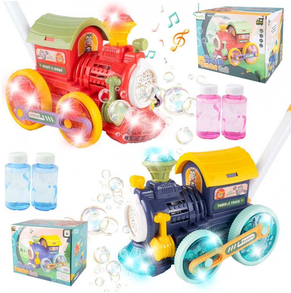MalPlay Trenulet generator de Baloane din sapun cu baterii sunete lumini maner de impins si 2 sticlute cu lichid dimensiune 52 x 47 x 18 cm Red