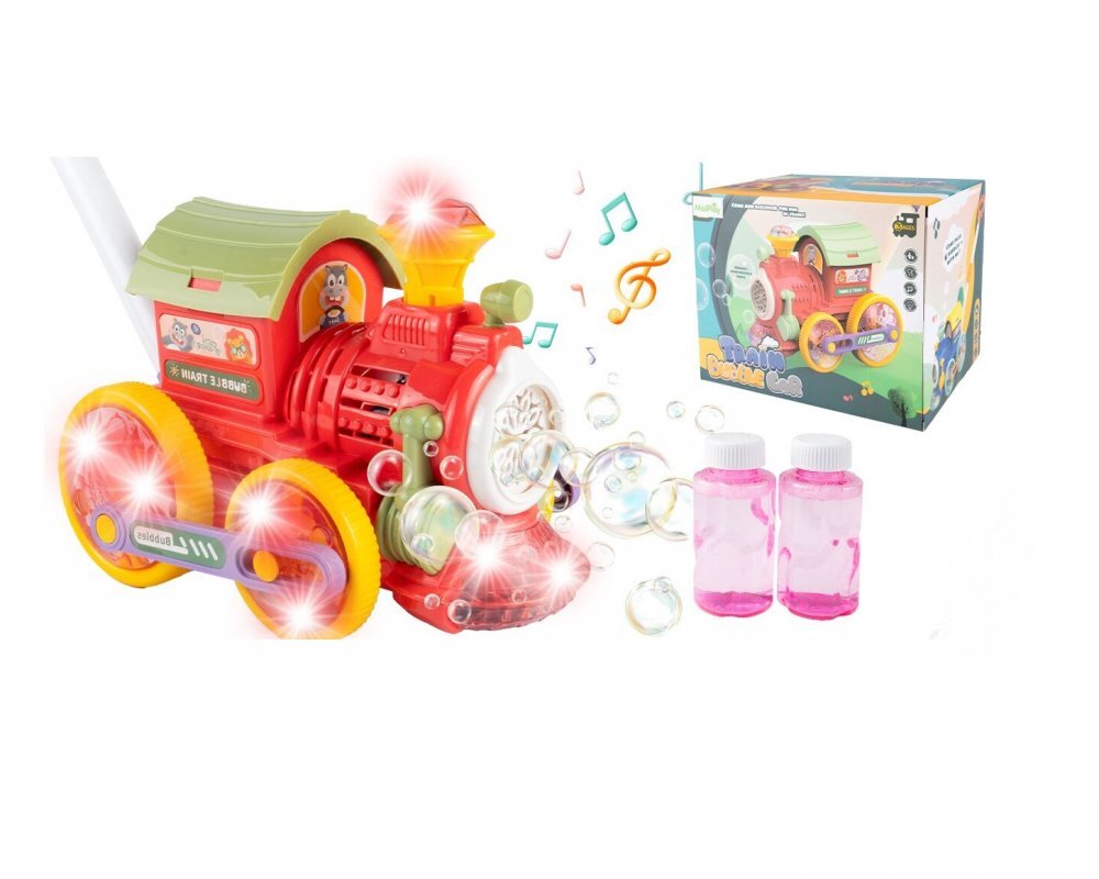 MalPlay Trenulet generator de Baloane din sapun cu baterii sunete lumini maner de impins si 2 sticlute cu lichid dimensiune 52 x 47 x 18 cm Red