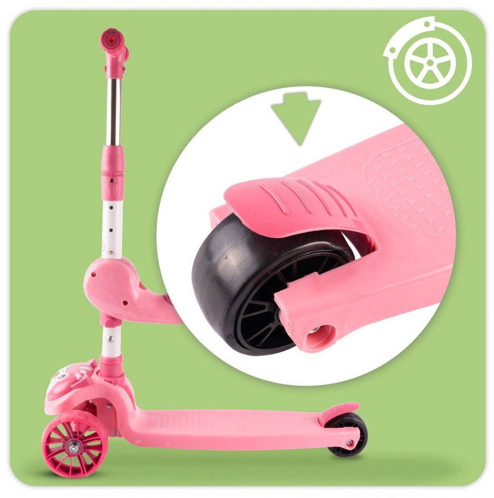 MalPlay Trotineta 2 in 1 pliabila cu scaun roti luminoase LED ghidon reglabil si platforma antiderapanta Pink Kitty