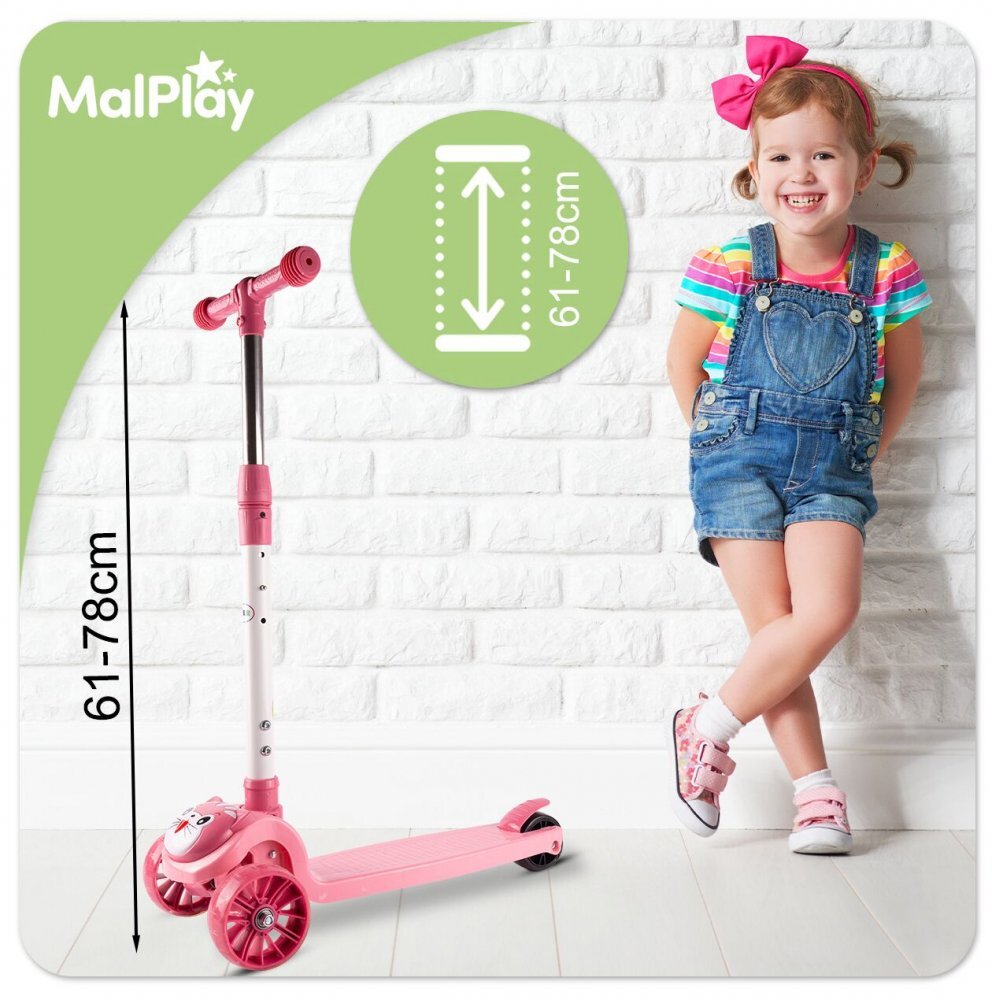 MalPlay Trotineta 2 in 1 pliabila cu scaun roti luminoase LED ghidon reglabil si platforma antiderapanta Pink Kitty