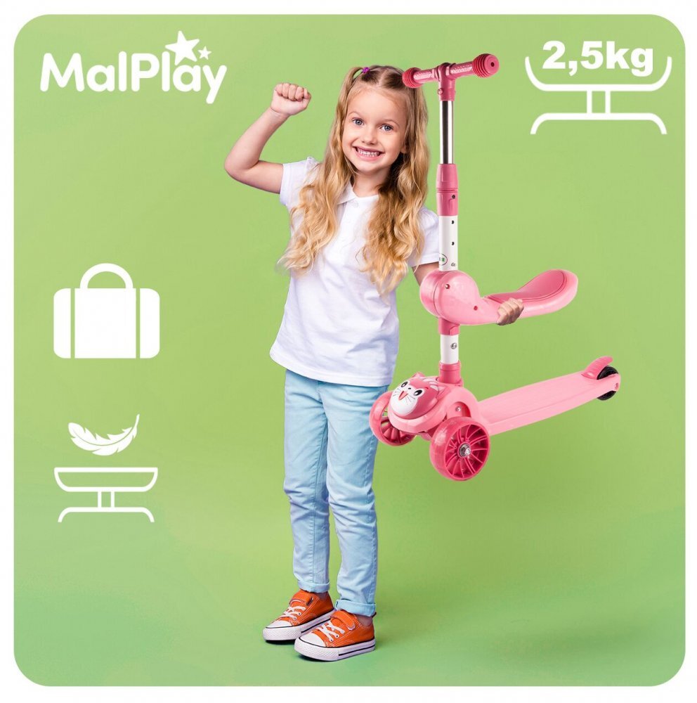 MalPlay Trotineta 2 in 1 pliabila cu scaun roti luminoase LED ghidon reglabil si platforma antiderapanta Pink Kitty