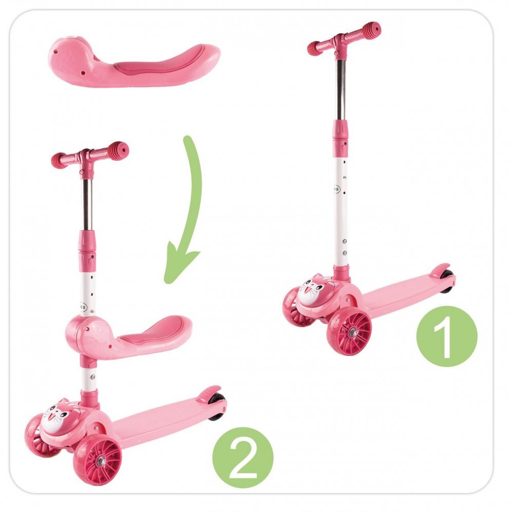 MalPlay Trotineta 2 in 1 pliabila cu scaun roti luminoase LED ghidon reglabil si platforma antiderapanta Pink Kitty