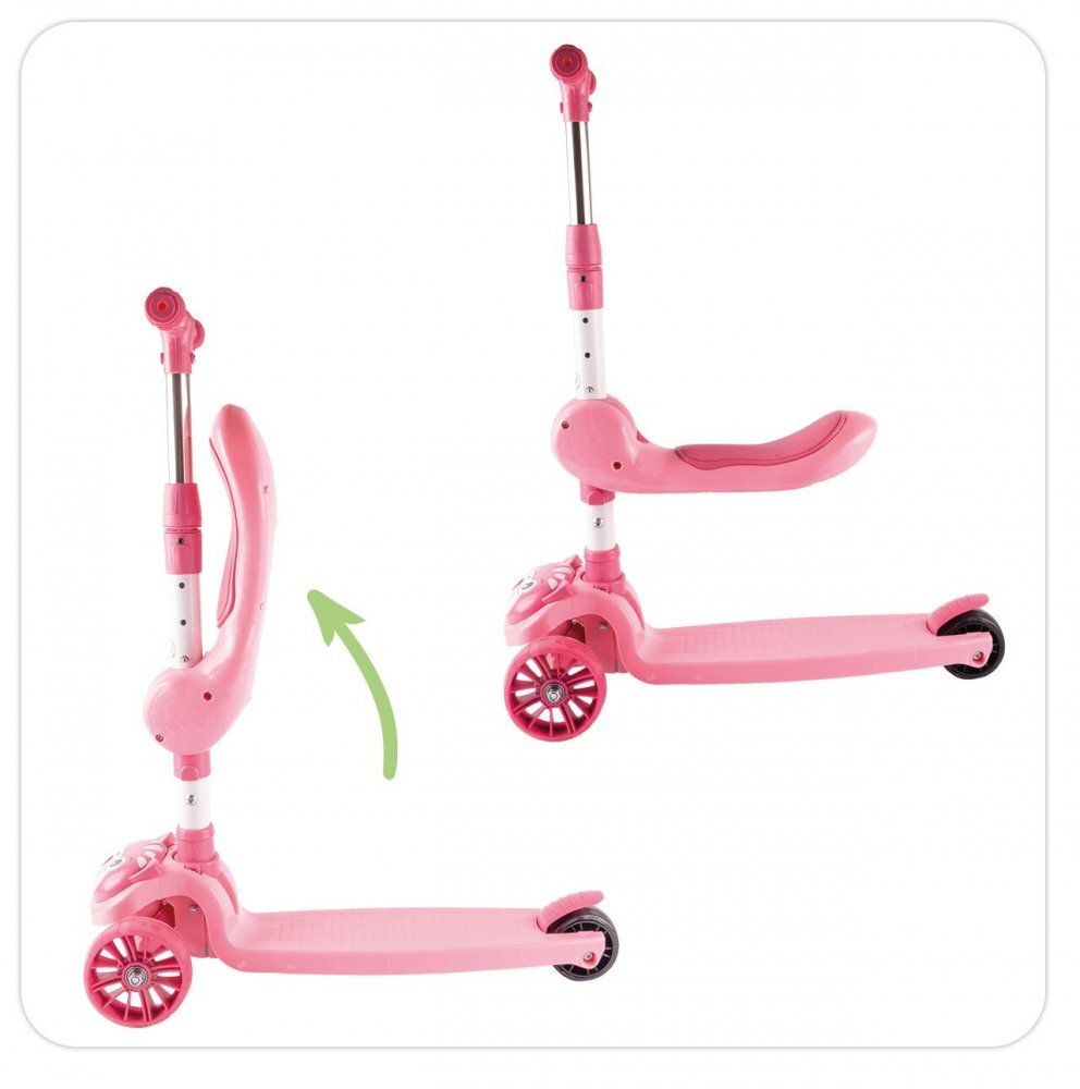 MalPlay Trotineta 2 in 1 pliabila cu scaun roti luminoase LED ghidon reglabil si platforma antiderapanta Pink Kitty