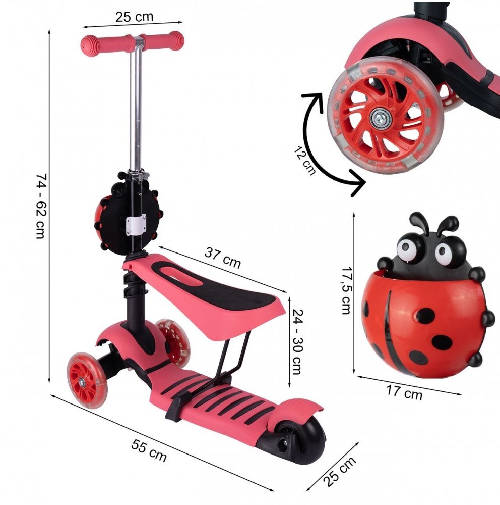 MalPlay Trotineta 3 in 1 pentru copii cu roti luminoase led ghidon si scaunel ajustabile frana pe roata din spate si cosulet in forma de buburuza pink ladybug