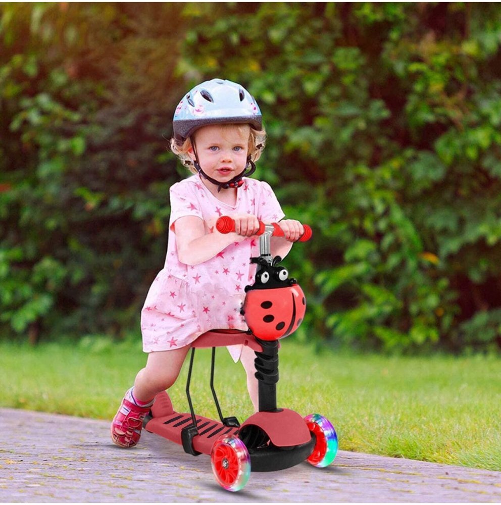 MalPlay Trotineta 3 in 1 pentru copii cu roti luminoase led ghidon si scaunel ajustabile frana pe roata din spate si cosulet in forma de buburuza pink ladybug