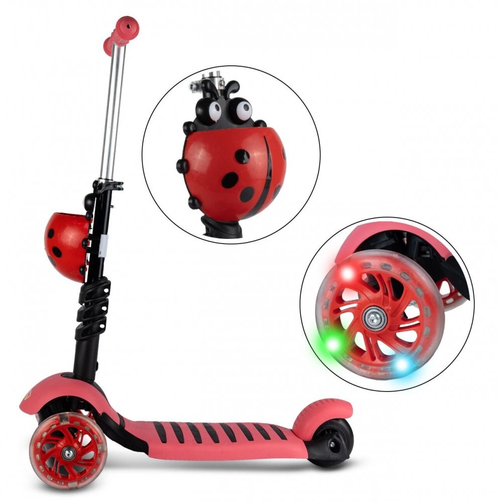 MalPlay Trotineta 3 in 1 pentru copii cu roti luminoase led ghidon si scaunel ajustabile frana pe roata din spate si cosulet in forma de buburuza pink ladybug