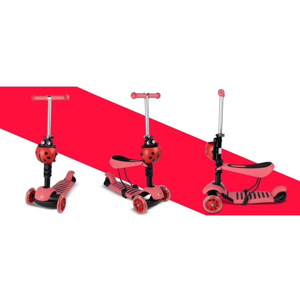 MalPlay Trotineta 3 in 1 pentru copii cu roti luminoase led ghidon si scaunel ajustabile frana pe roata din spate si cosulet in forma de buburuza pink ladybug